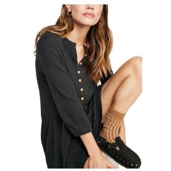 Free People Beach Blossom Ribbed Button Up Dress Black Size Small - Picture 2 of 11
